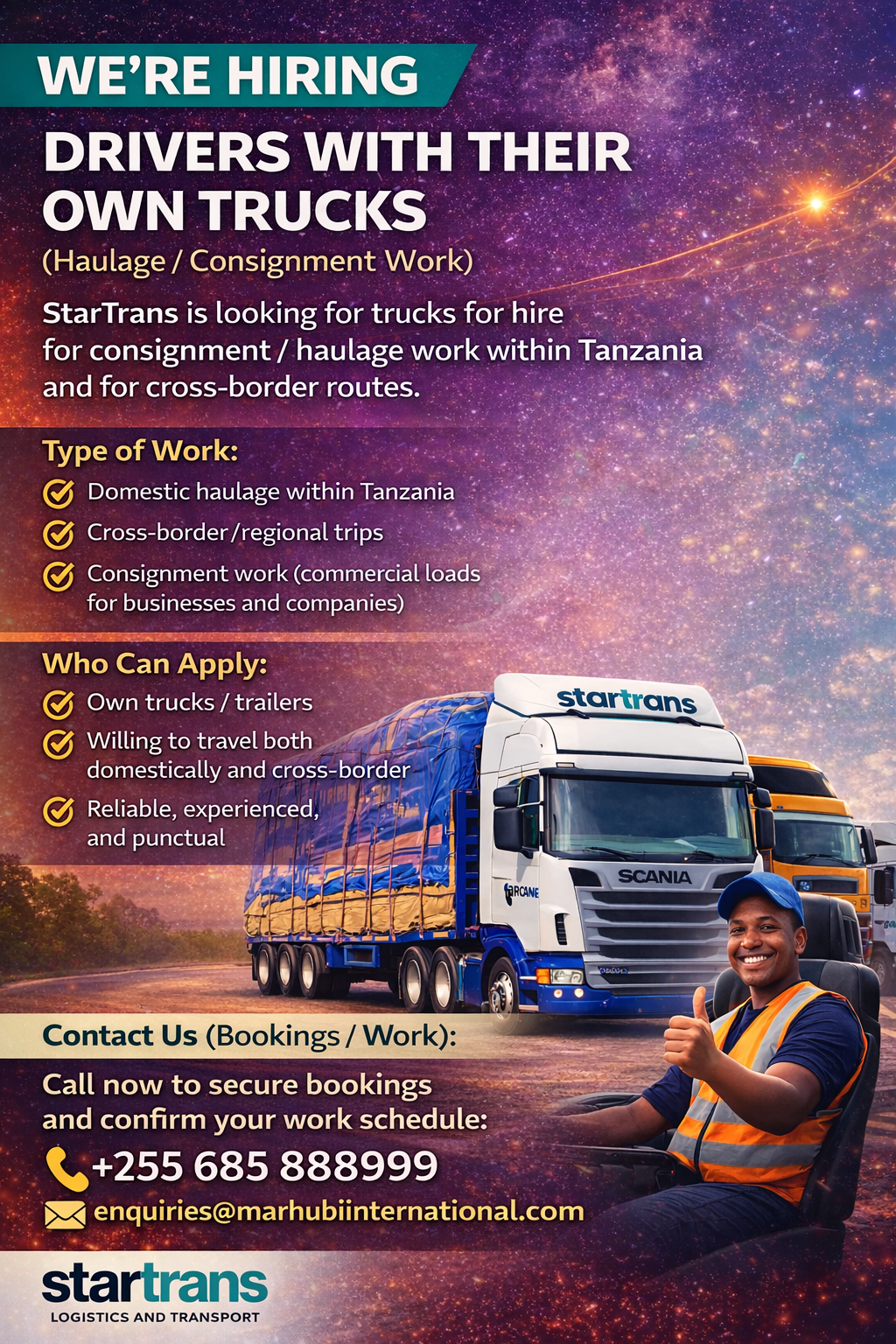 We’re hiring owner-drivers and truck/trailer operators for ongoing haulage and consignment work